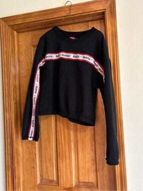 Guess Black Cropped Sweatshirt with Red & White Logo Tape